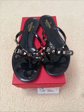 Valentino Black Studded Jelly Thong Sandals with Gold-Tone Studs